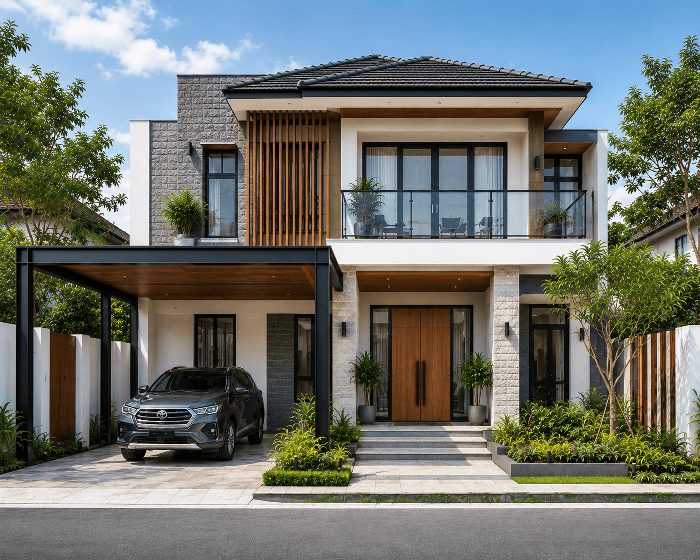 Jasa Arsitek Payung Sekaki Pekanbaru desain rumah modern 2 lantai dengan fasad elegan dan carport minimalis