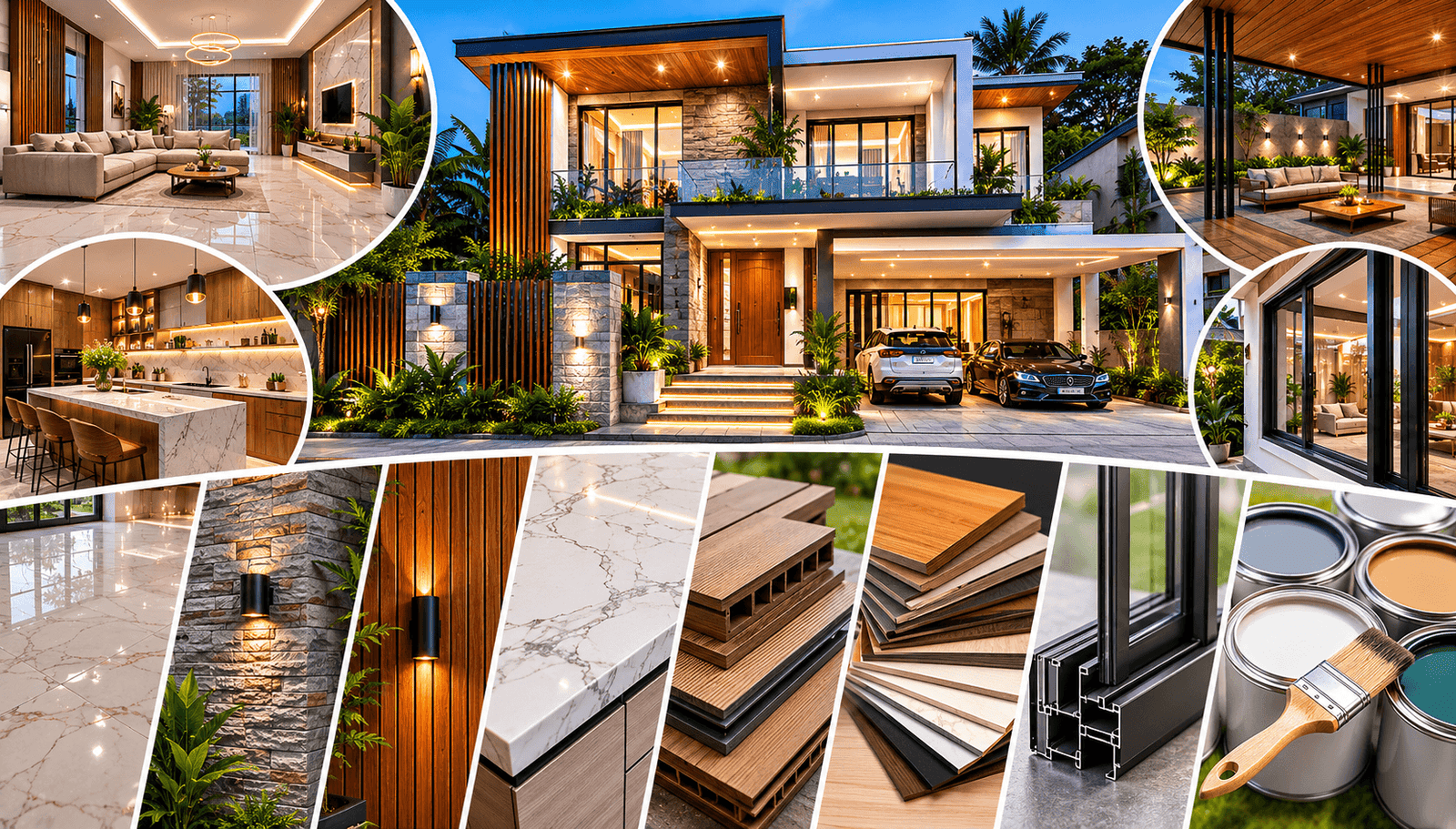 Rumah modern mewah dengan material finishing low maintenance seperti homogeneous tile, aluminium motif kayu, quartz countertop, dan kusen aluminium yang mudah dirawat.