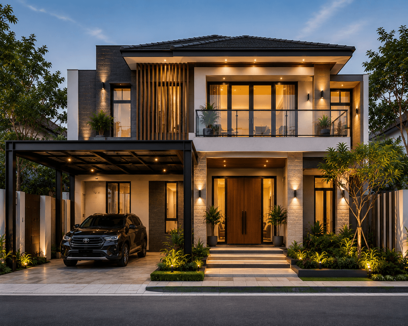 Jasa Arsitek Arengka Pekanbaru desain rumah modern 2 lantai dengan fasad elegan dan pencahayaan yang optimal