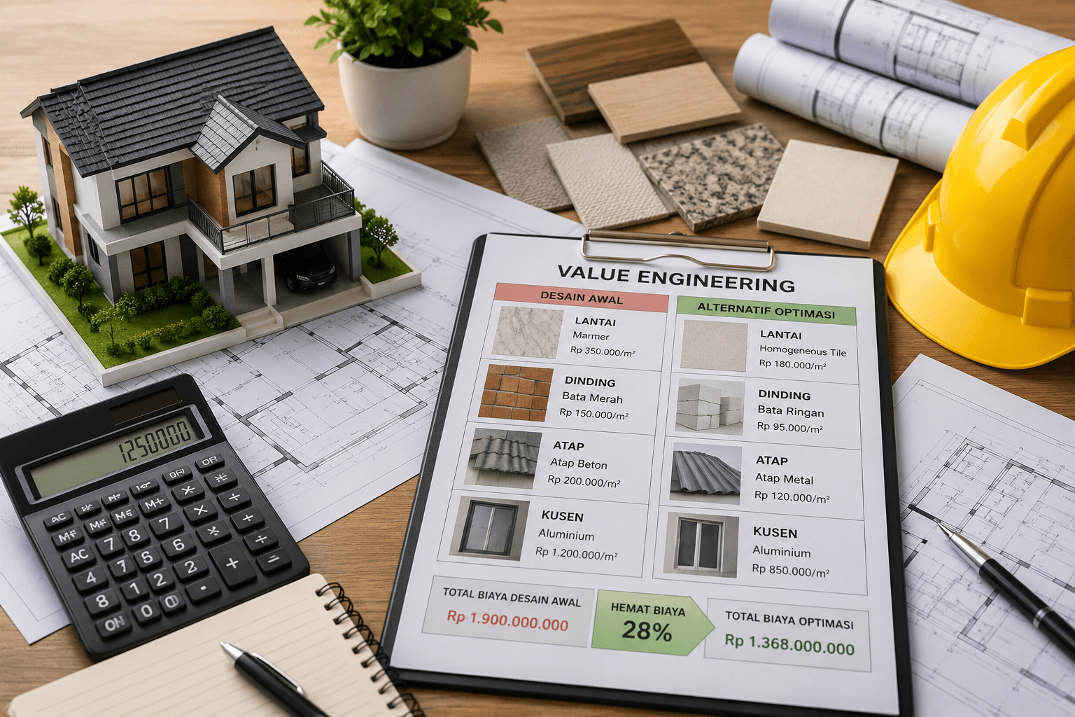Ilustrasi value engineering dalam pembangunan rumah dengan perbandingan material bangunan, RAB, gambar kerja, dan strategi efisiensi biaya konstruksi tanpa mengurangi kualitas.