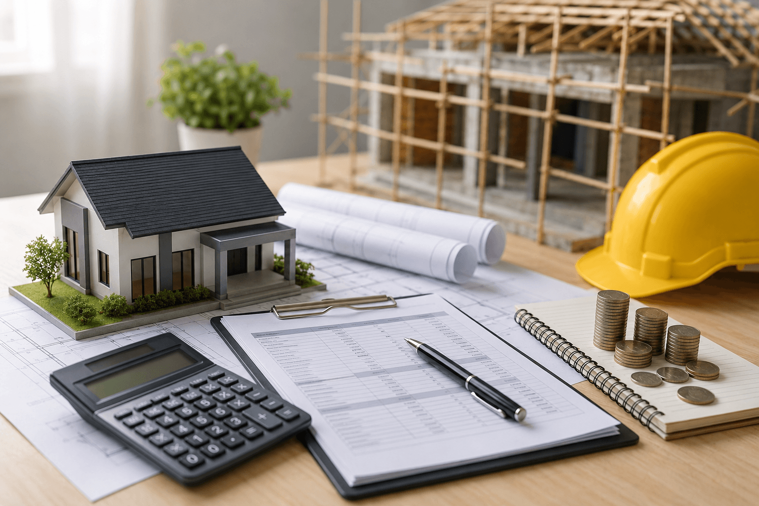 Perencanaan pembayaran proyek rumah dengan dokumen kontrak, RAB, kalkulator, dan model rumah untuk mengatur termin pembayaran arsitek dan kontraktor.