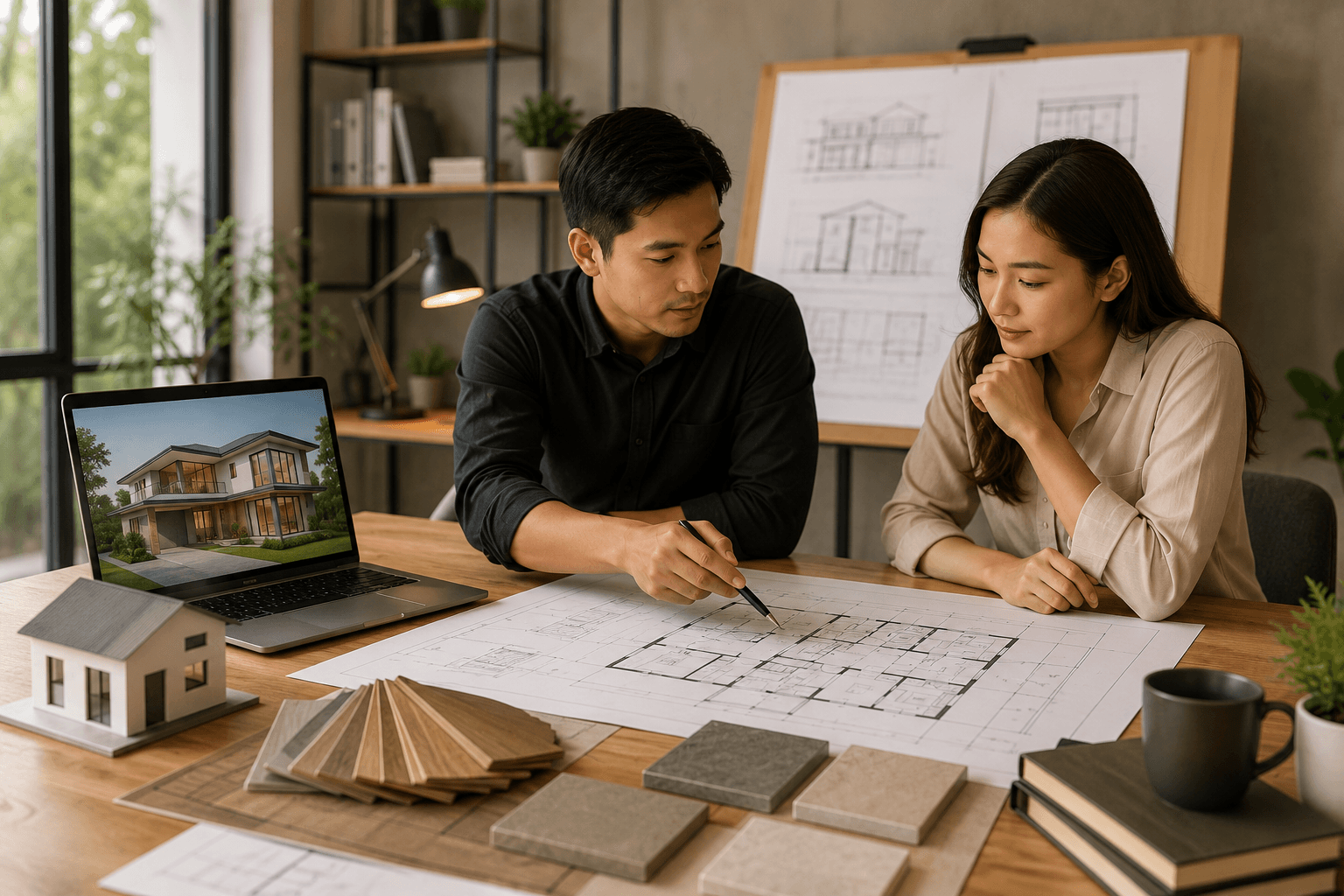 Konsultasi revisi desain rumah bersama arsitek dengan pembahasan denah, tata ruang, dan pengembangan desain sebelum pembangunan dimulai.