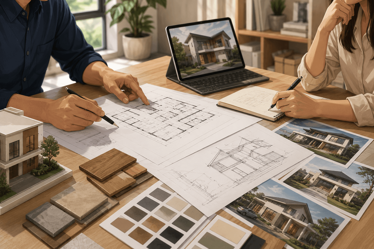 Calon pemilik rumah berkonsultasi dengan arsitek sambil membahas denah rumah, referensi desain, dan kebutuhan ruang sebelum memulai proses desain rumah.