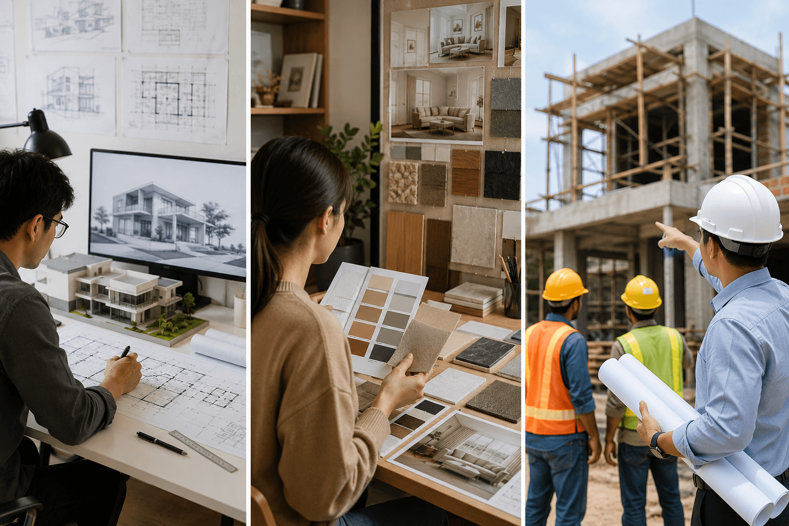 Perbedaan arsitek, desainer interior, dan kontraktor dalam proses pembangunan rumah mulai dari perencanaan desain, penataan interior, hingga pelaksanaan konstruksi.
