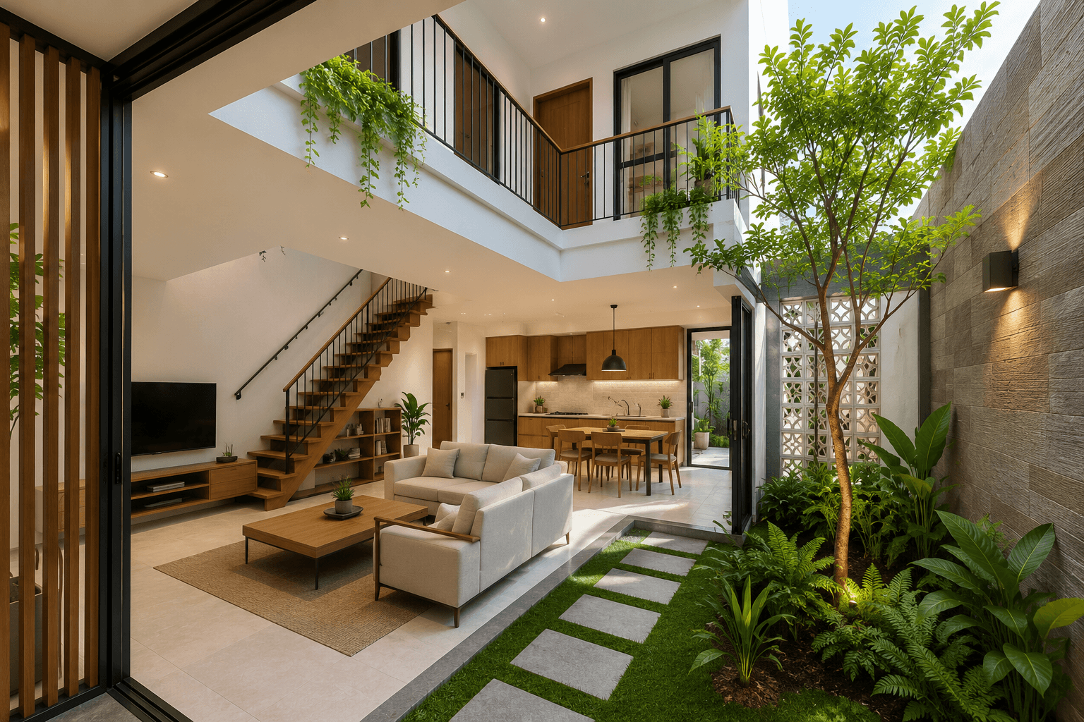 Desain rumah modern lahan sempit dengan konsep open space, void, taman dalam rumah, dan pencahayaan alami yang membuat ruangan terasa lebih luas