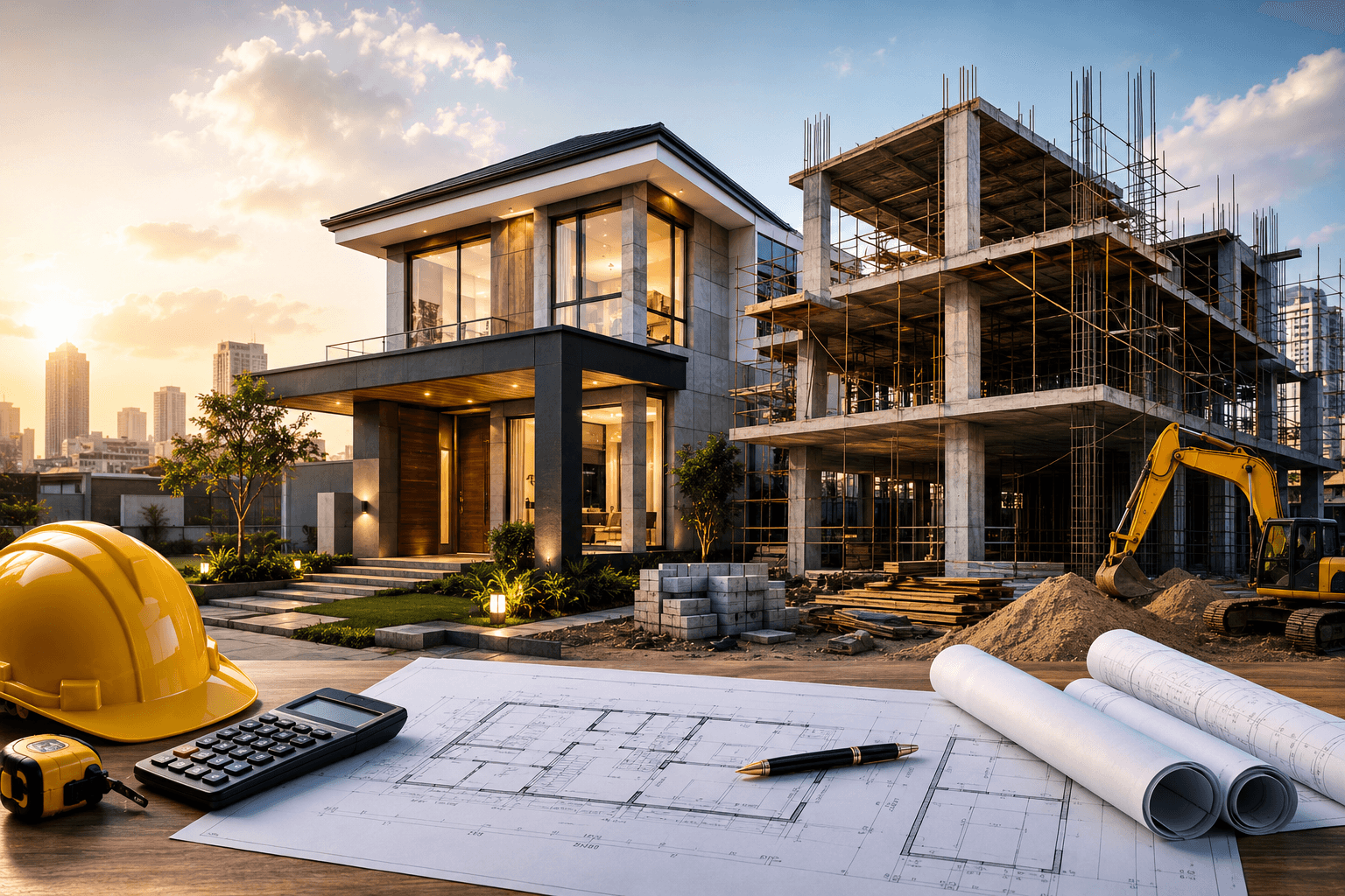 Kontraktor Pekanbaru SN Studio menampilkan rumah modern, proyek bangunan komersial yang sedang dibangun, gambar kerja konstruksi, dan peralatan proyek di Pekanbaru Riau"