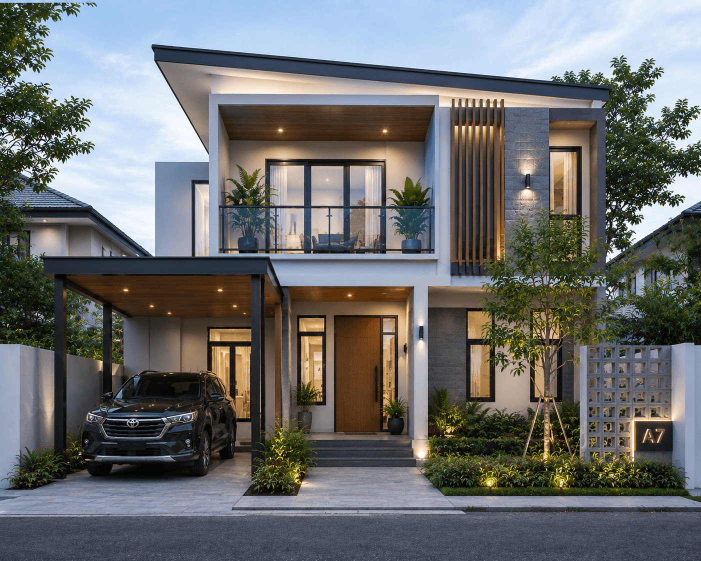 Jasa Arsitek Binawidya Pekanbaru desain rumah modern 2 lantai dengan fasad elegan dan balkon minimalis
