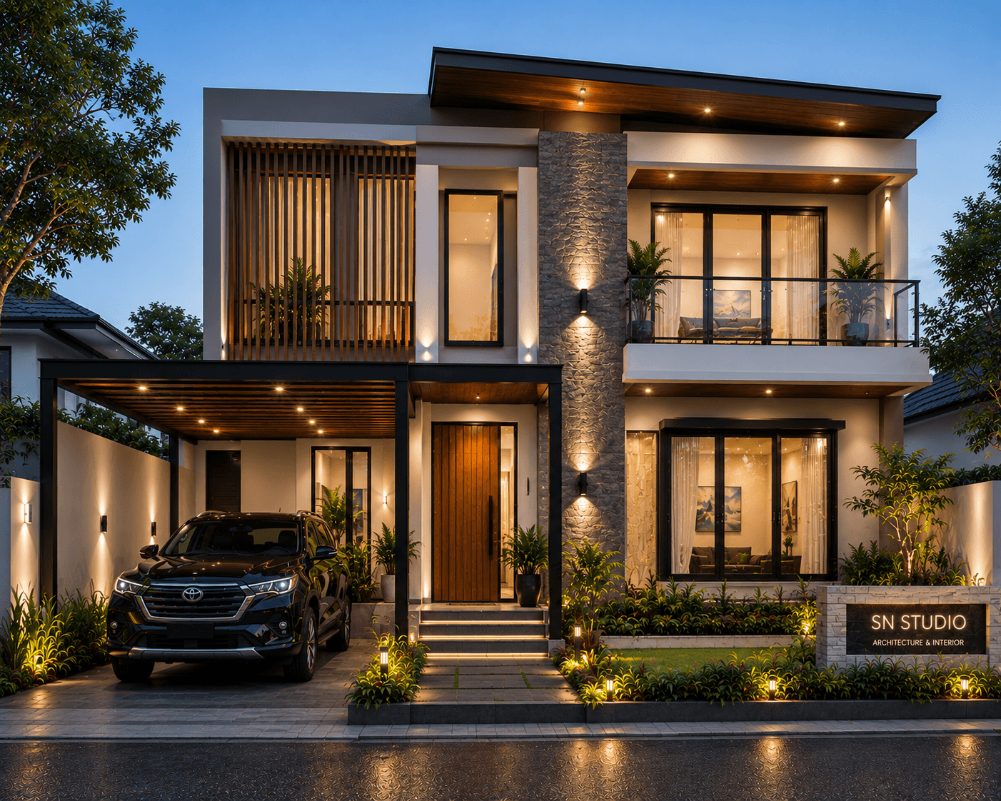 Jasa Arsitek Simpang Baru Pekanbaru desain rumah modern 2 lantai dengan fasad elegan dan pencahayaan eksterior yang mewah